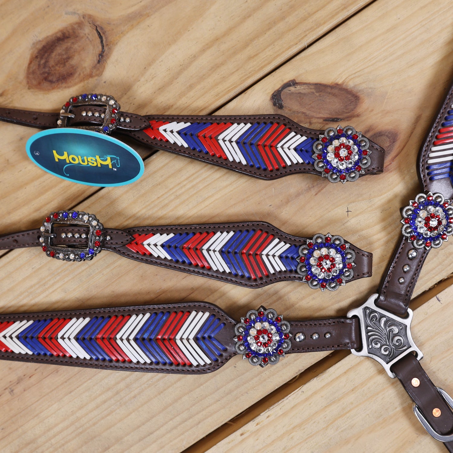 Western Headstall and Breast Collar Set, American Flag Tricolor Arrow Style Rawhide Braiding All Over Breast Collar and Cheekpieces, Rhinestone Concho MOUSM