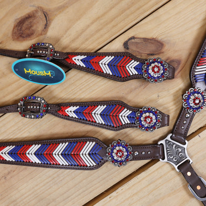 Western Headstall and Breast Collar Set, American Flag Tricolor Arrow Style Rawhide Braiding All Over Breast Collar and Cheekpieces, Rhinestone Concho MOUSM