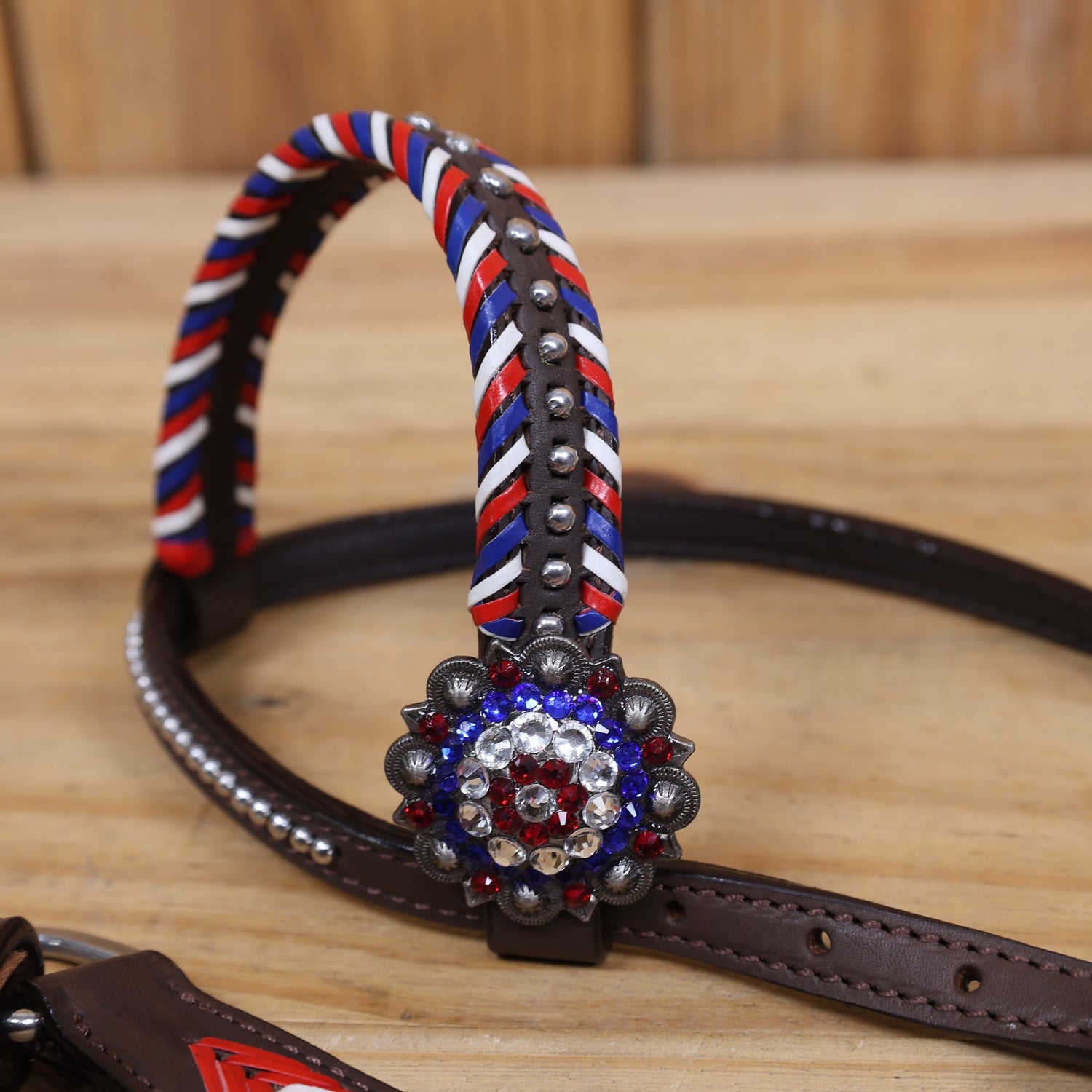 Western Headstall and Breast Collar Set, American Flag Tricolor Arrow Style Rawhide Braiding All Over Breast Collar and Cheekpieces, Rhinestone Concho MOUSM