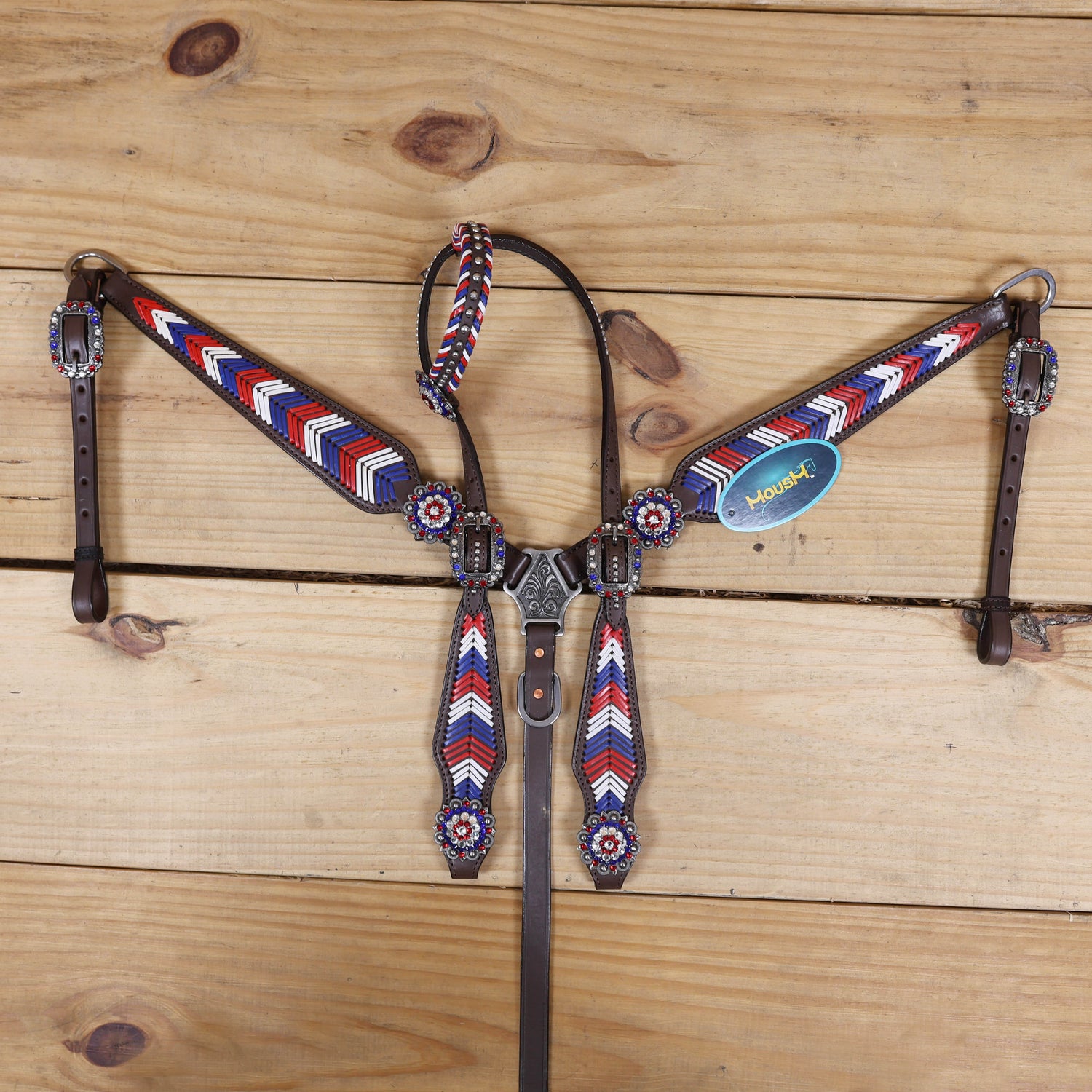 Western Headstall and Breast Collar Set, American Flag Tricolor Arrow Style Rawhide Braiding All Over Breast Collar and Cheekpieces, Rhinestone Concho MOUSM