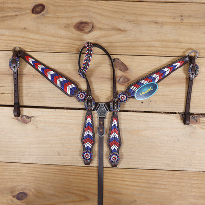 Western Headstall and Breast Collar Set, American Flag Tricolor Arrow Style Rawhide Braiding All Over Breast Collar and Cheekpieces, Rhinestone Concho MOUSM