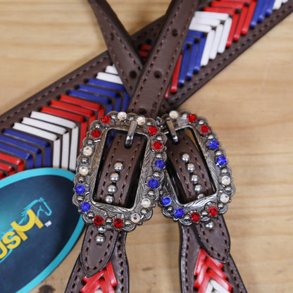 Western Headstall and Breast Collar Set, American Flag Tricolor Arrow Style Rawhide Braiding All Over Breast Collar and Cheekpieces, Rhinestone Concho MOUSM