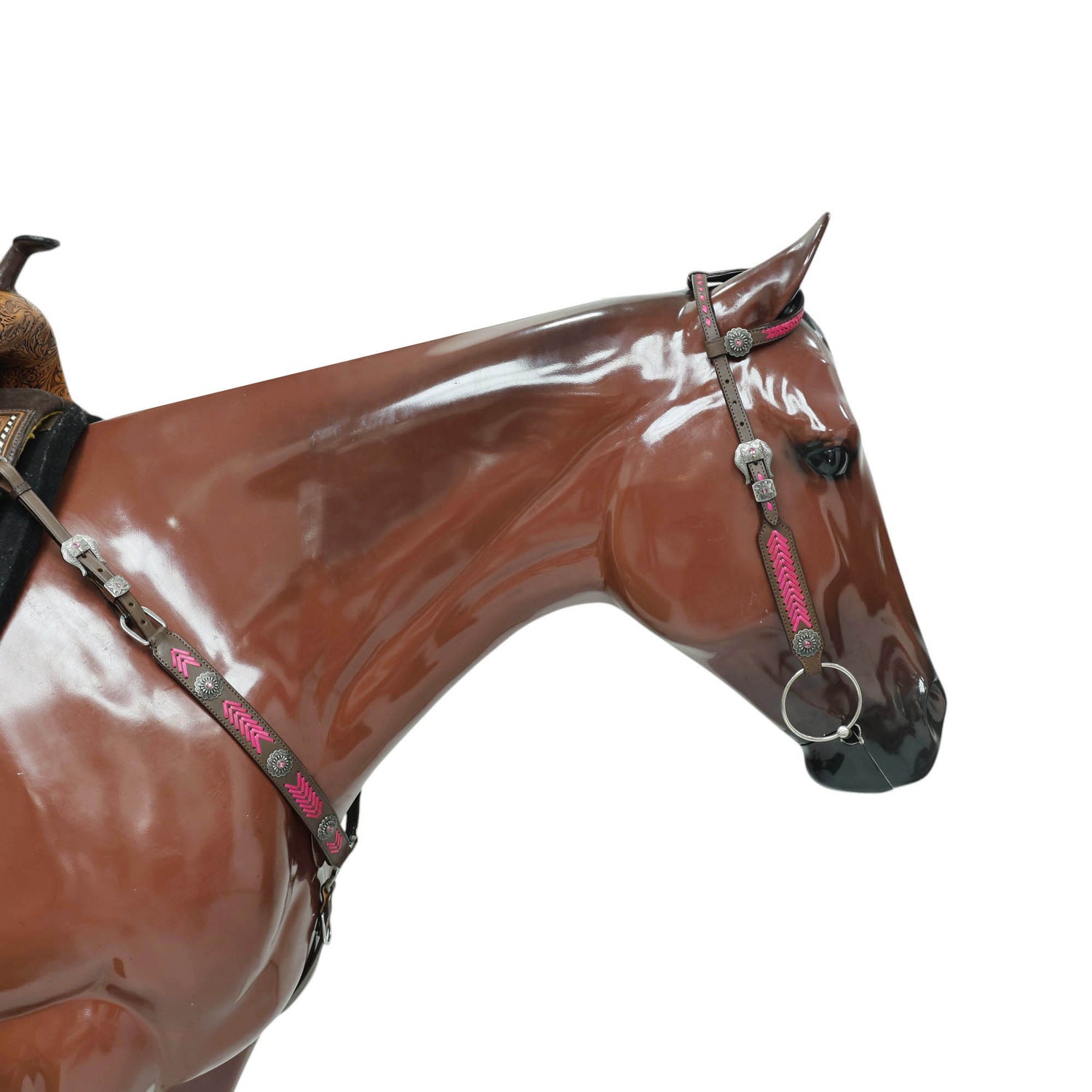 Western Headstall Breast Collar Set, Pink Arrow Style Rawhide Braiding with Buck Stitching on Cheek Piece and One Ear, Native American Conchos MOUSM