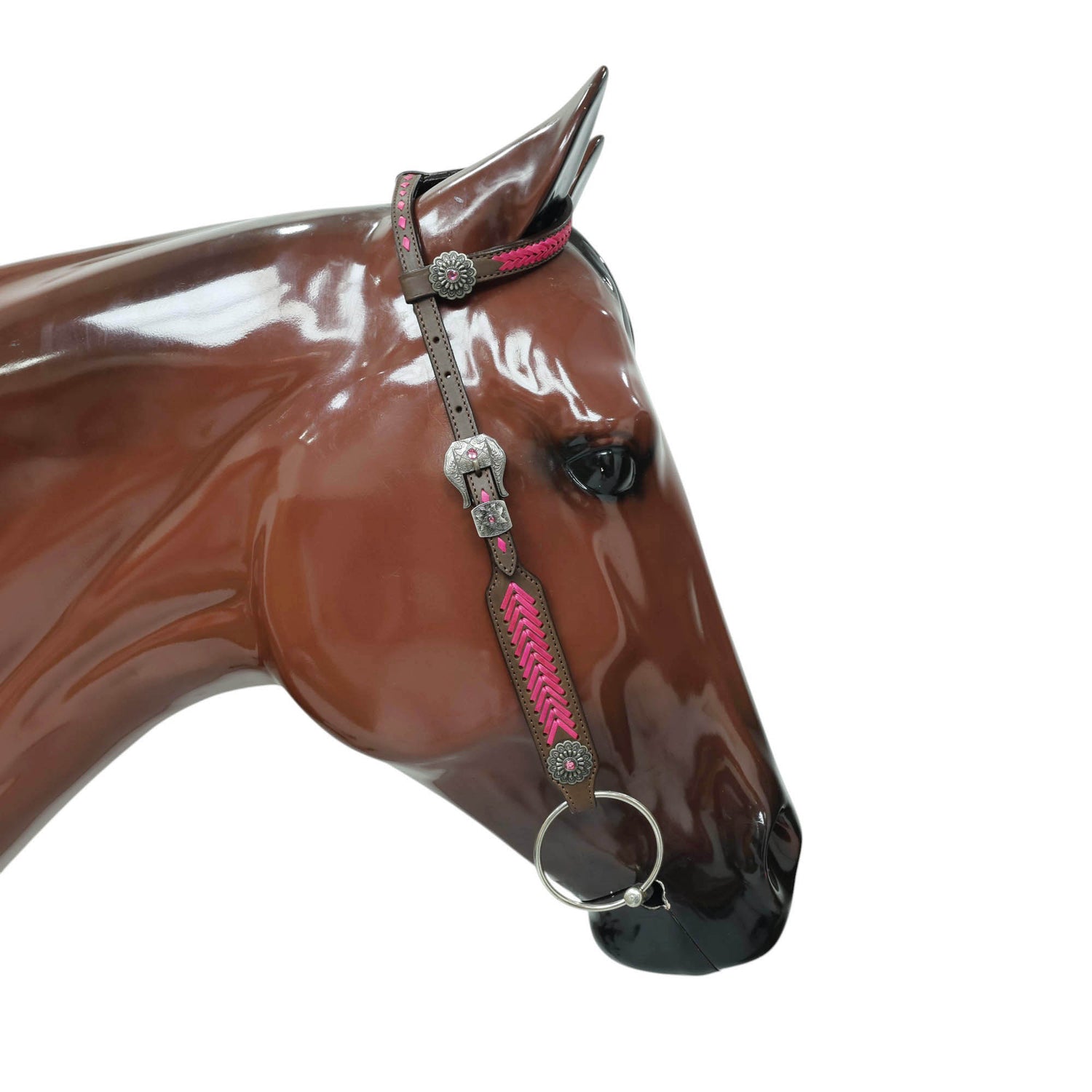 Western Headstall Breast Collar Set, Pink Arrow Style Rawhide Braiding with Buck Stitching on Cheek Piece and One Ear, Native American Conchos MOUSM