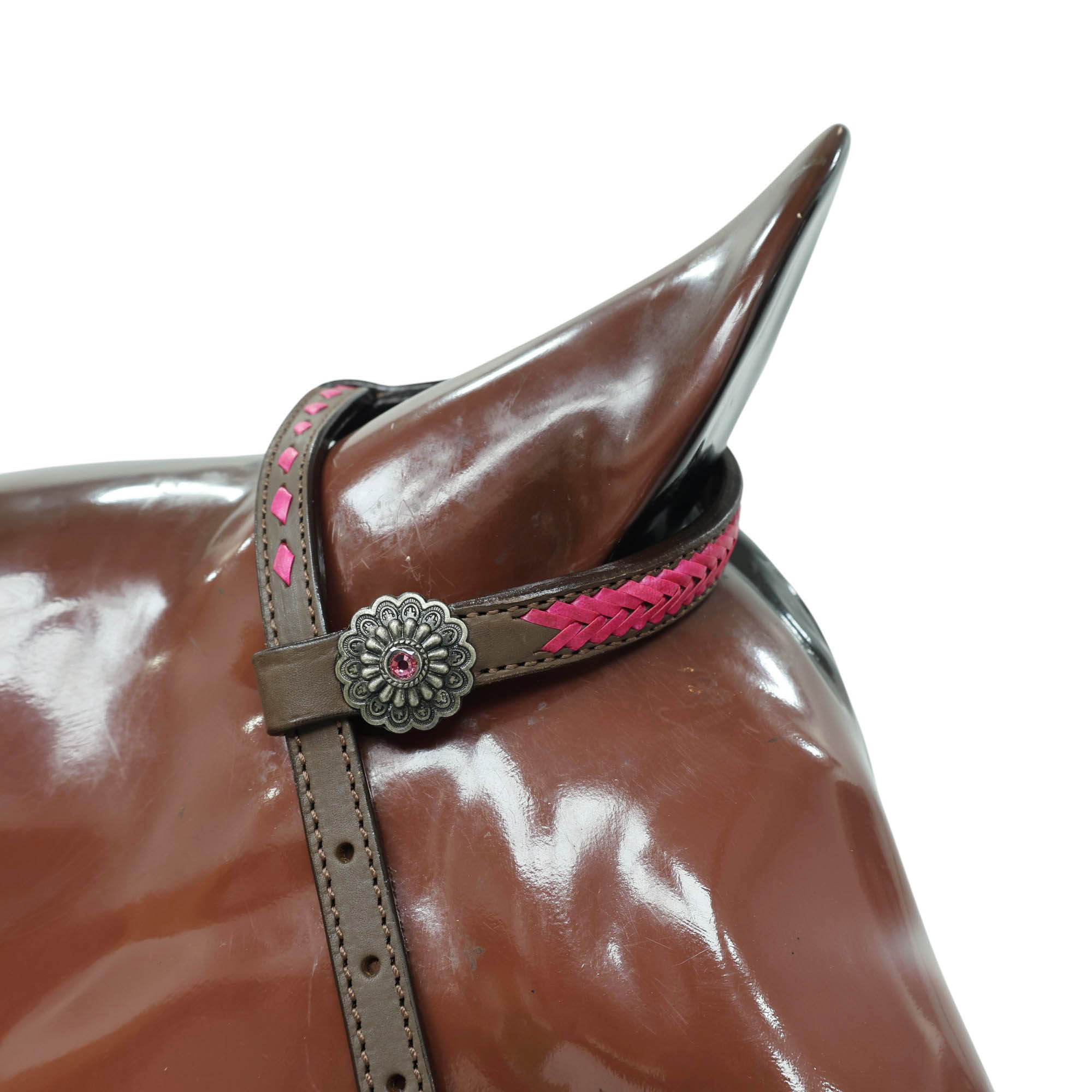 Western Headstall Breast Collar Set, Pink Arrow Style Rawhide Braiding with Buck Stitching on Cheek Piece and One Ear, Native American Conchos MOUSM