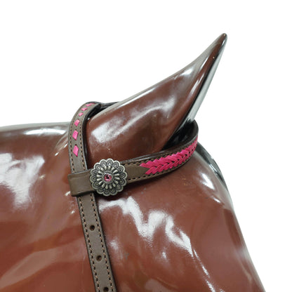 Western Headstall Breast Collar Set, Pink Arrow Style Rawhide Braiding with Buck Stitching on Cheek Piece and One Ear, Native American Conchos MOUSM