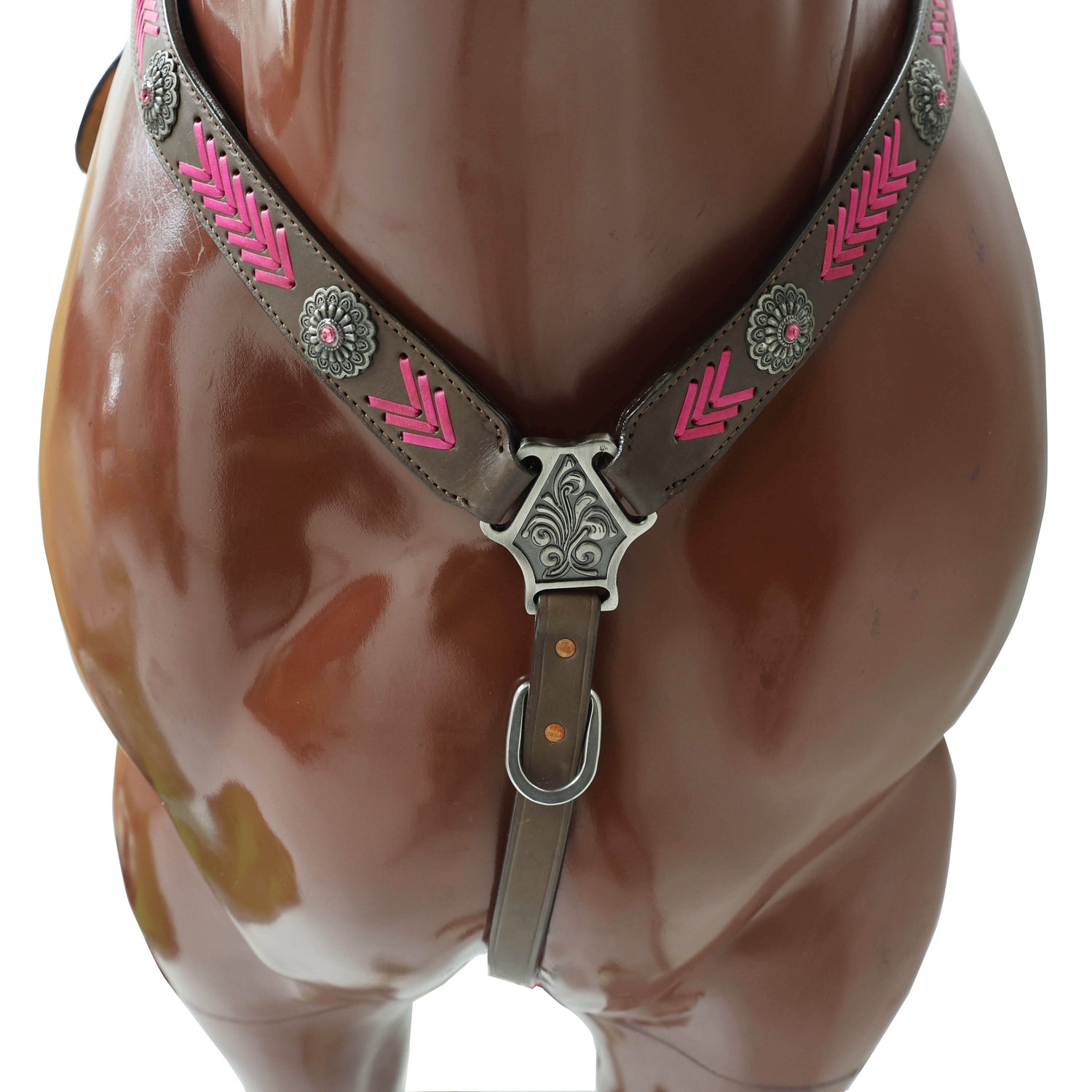 Western Headstall Breast Collar Set, Pink Arrow Style Rawhide Braiding with Buck Stitching on Cheek Piece and One Ear, Native American Conchos MOUSM