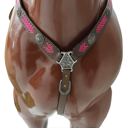 Western Headstall Breast Collar Set, Pink Arrow Style Rawhide Braiding with Buck Stitching on Cheek Piece and One Ear, Native American Conchos MOUSM