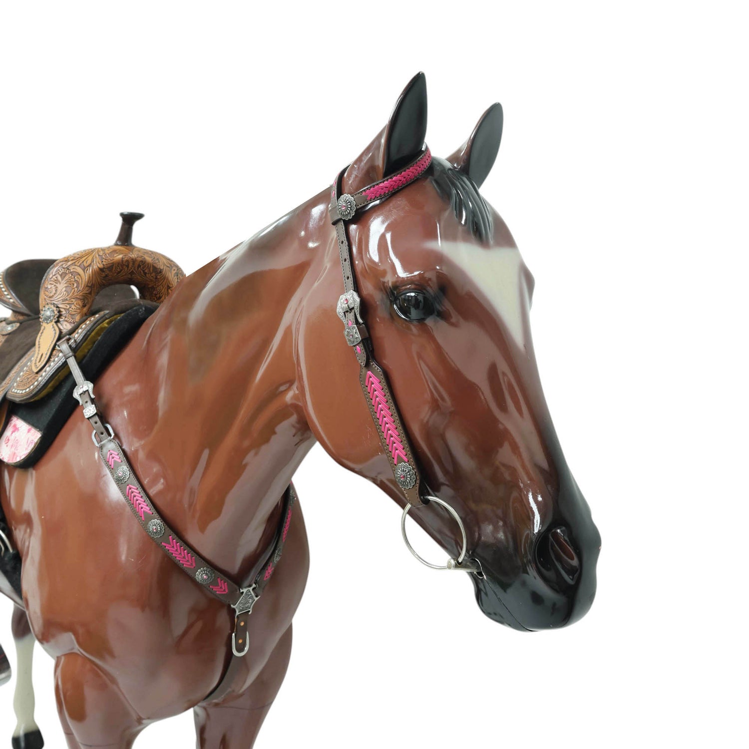 Western Headstall Breast Collar Set, Pink Arrow Style Rawhide Braiding with Buck Stitching on Cheek Piece and One Ear, Native American Conchos MOUSM