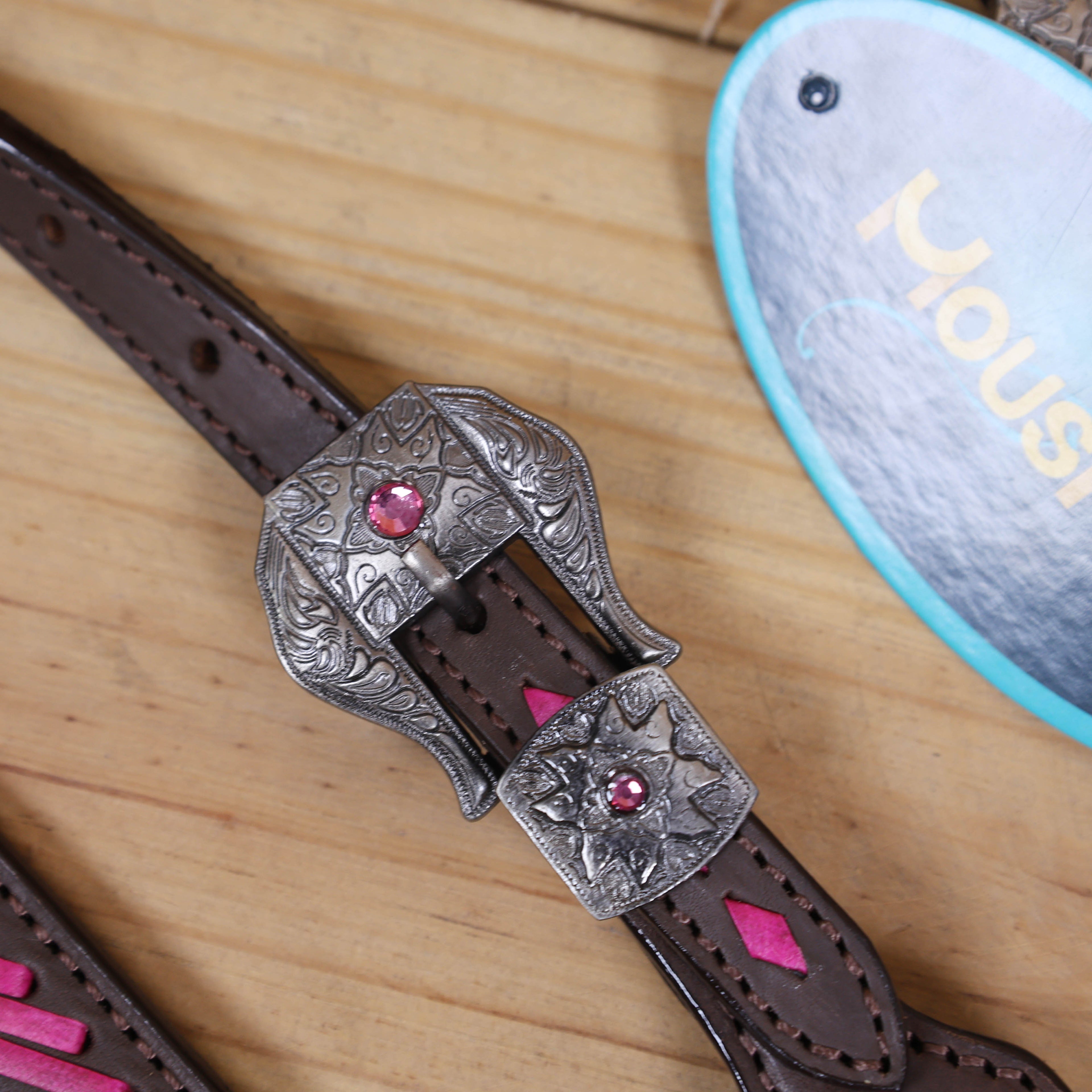 Western Headstall Breast Collar Set, Pink Arrow Style Rawhide Braiding with Buck Stitching on Cheek Piece and One Ear, Native American Conchos MOUSM