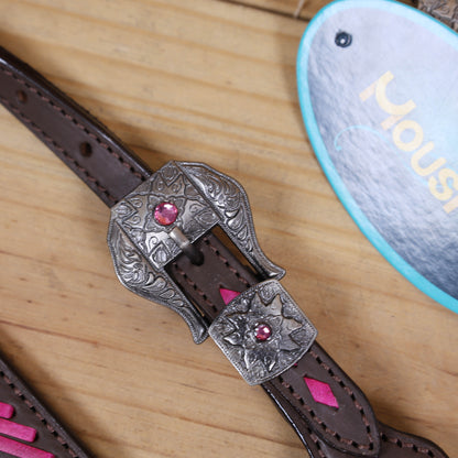 Western Headstall Breast Collar Set, Pink Arrow Style Rawhide Braiding with Buck Stitching on Cheek Piece and One Ear, Native American Conchos MOUSM