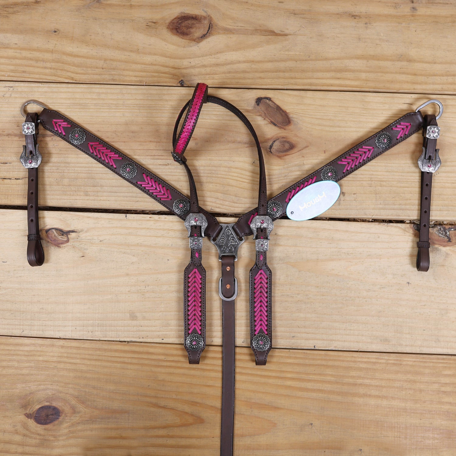 Western Headstall Breast Collar Set, Pink Arrow Style Rawhide Braiding with Buck Stitching on Cheek Piece and One Ear, Native American Conchos MOUSM
