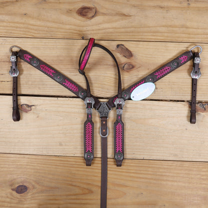 Western Headstall Breast Collar Set, Pink Arrow Style Rawhide Braiding with Buck Stitching on Cheek Piece and One Ear, Native American Conchos MOUSM