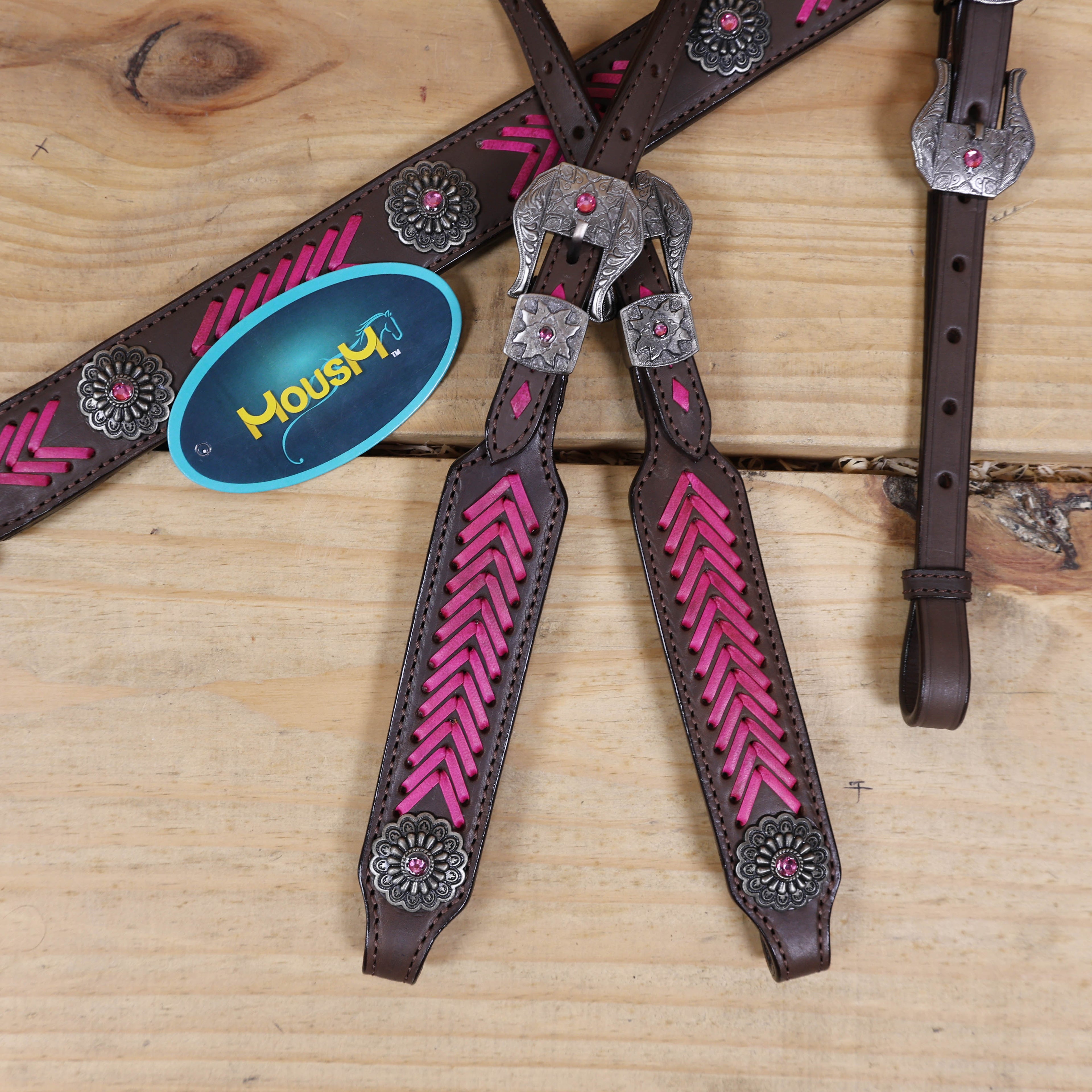 Western Headstall Breast Collar Set, Pink Arrow Style Rawhide Braiding with Buck Stitching on Cheek Piece and One Ear, Native American Conchos MOUSM