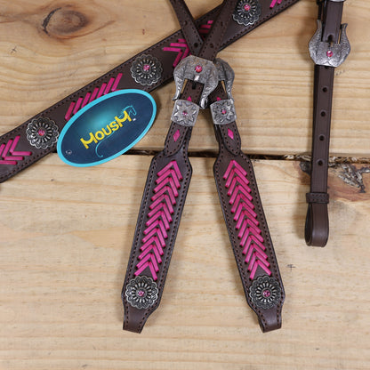 Western Headstall Breast Collar Set, Pink Arrow Style Rawhide Braiding with Buck Stitching on Cheek Piece and One Ear, Native American Conchos MOUSM