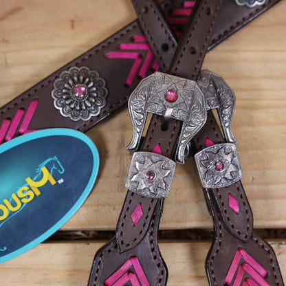 Western Headstall Breast Collar Set, Pink Arrow Style Rawhide Braiding with Buck Stitching on Cheek Piece and One Ear, Native American Conchos MOUSM