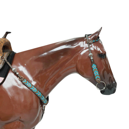 Western Horse Headstall, Turquoise Arrow Shape Rawhide Braiding with Copper and Turquoise Studs All Over the Tack with Flower Conchos MOUSM