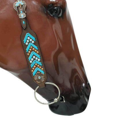 Western Horse Headstall, Turquoise Arrow Shape Rawhide Braiding with Copper and Turquoise Studs All Over the Tack with Flower Conchos MOUSM