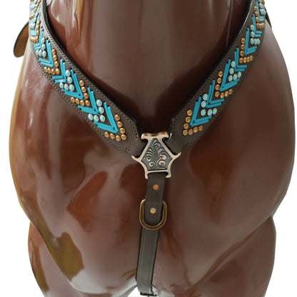 Western Horse Headstall, Turquoise Arrow Shape Rawhide Braiding with Copper and Turquoise Studs All Over the Tack with Flower Conchos MOUSM