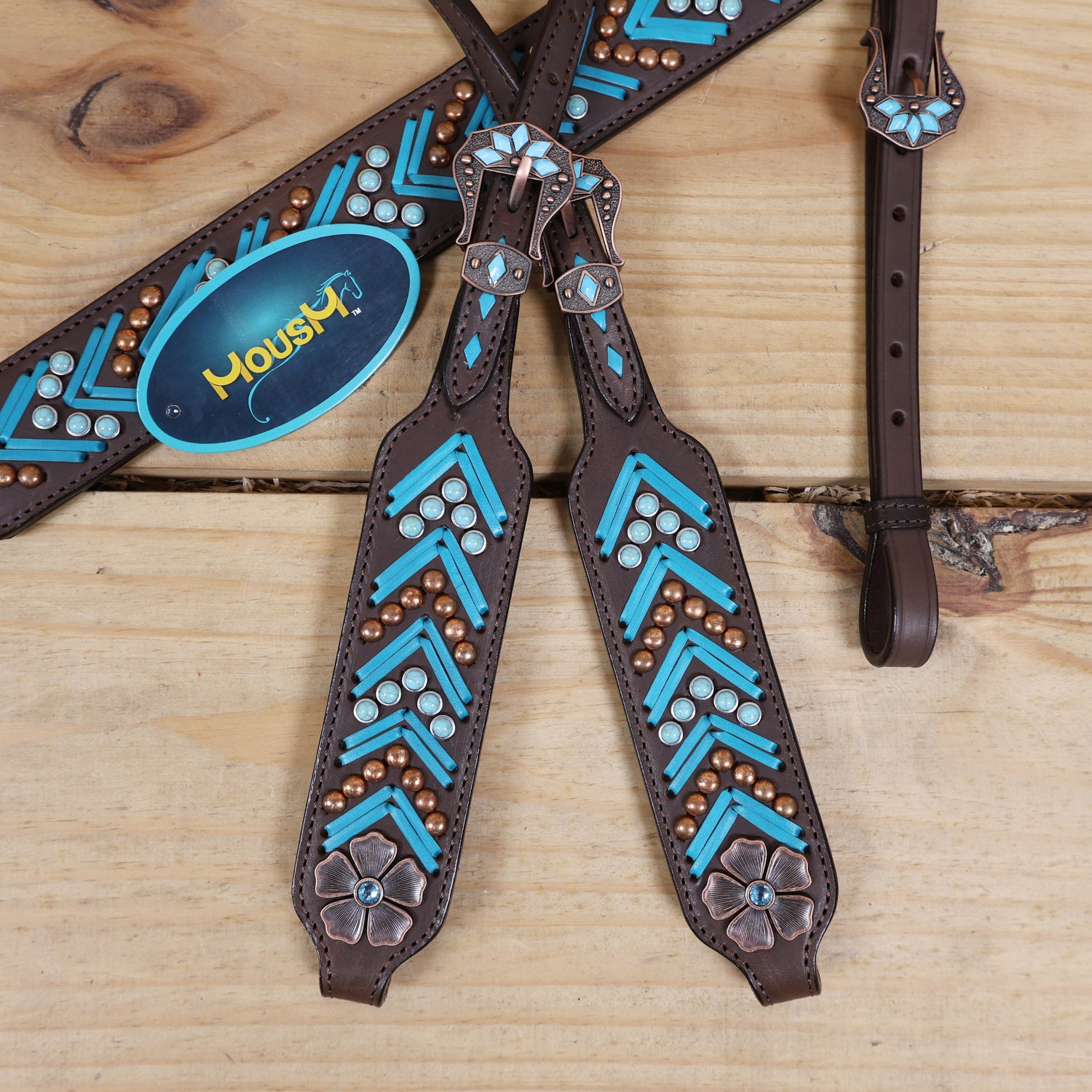 Western Horse Headstall, Turquoise Arrow Shape Rawhide Braiding with Copper and Turquoise Studs All Over the Tack with Flower Conchos MOUSM