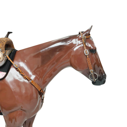 Western Horse Tack Set, Copper Studs and Criss Cross Braiding on Breast Collar with Ring and String Conchos on Cheek Piece and One Ear MOUSM