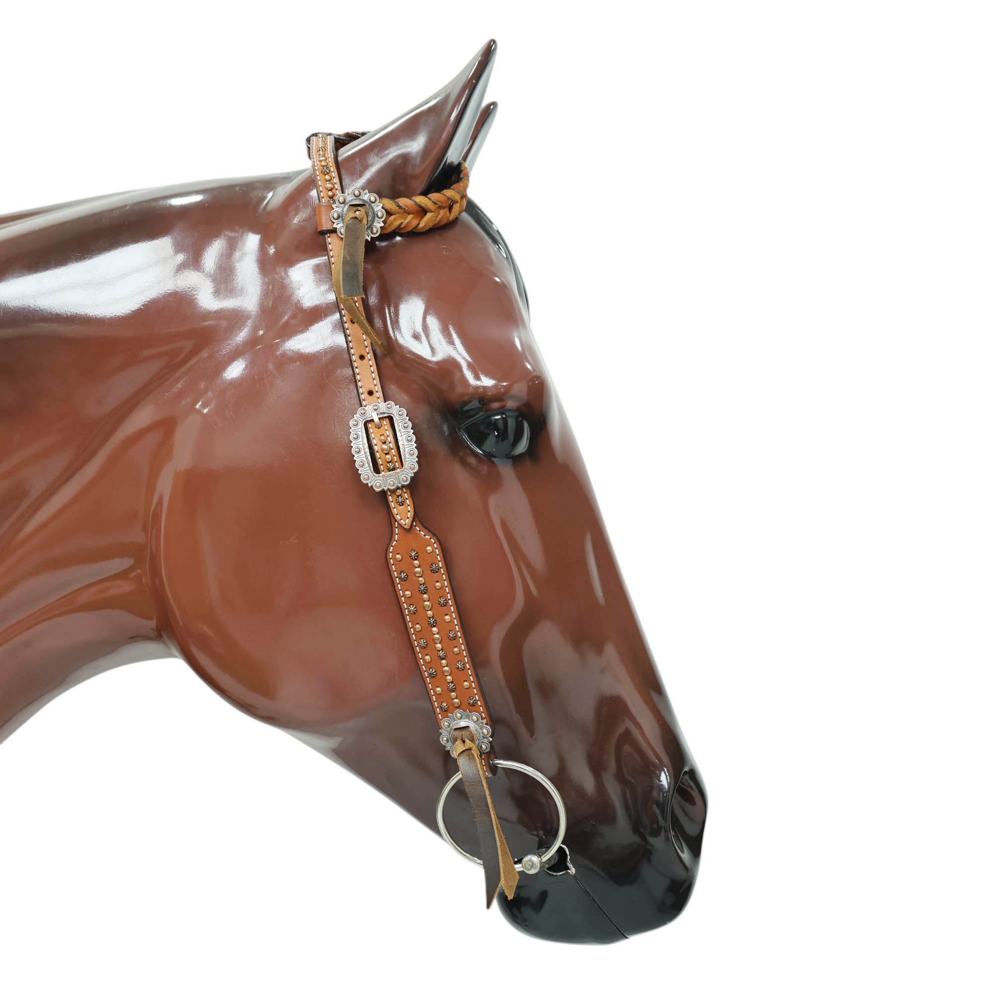 Western Horse Tack Set, Copper Studs and Criss Cross Braiding on Breast Collar with Ring and String Conchos on Cheek Piece and One Ear MOUSM