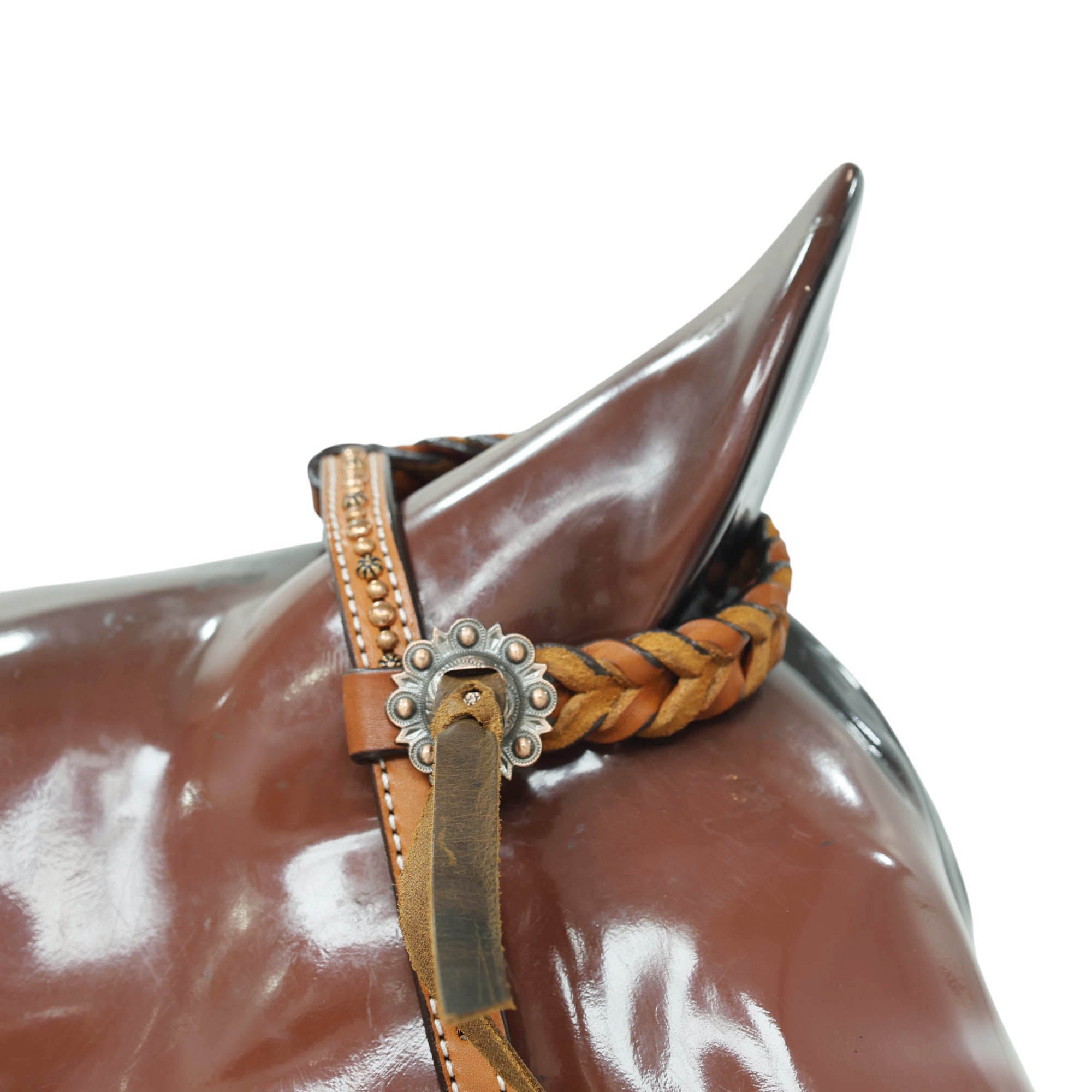 Western Horse Tack Set, Copper Studs and Criss Cross Braiding on Breast Collar with Ring and String Conchos on Cheek Piece and One Ear MOUSM