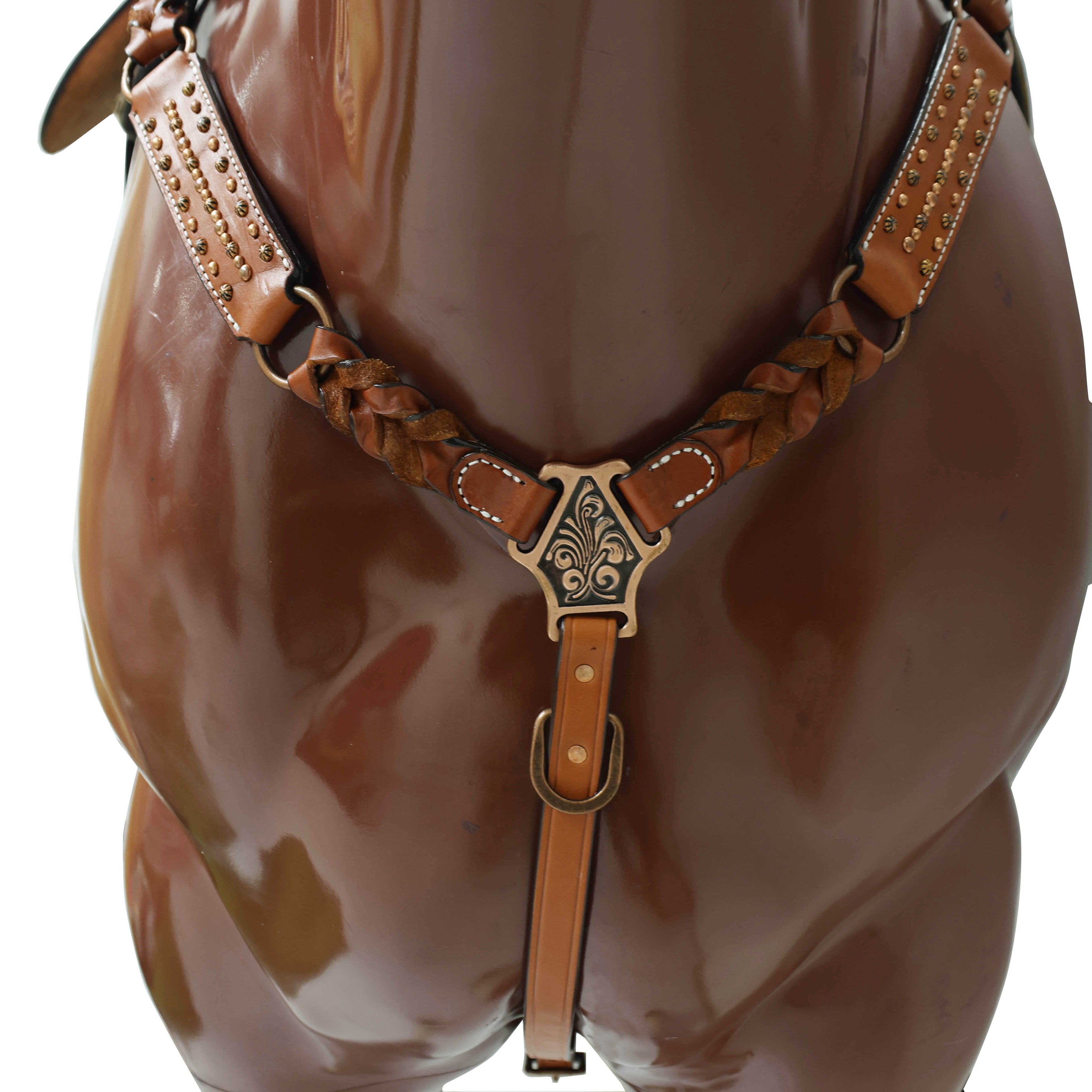 Western Horse Tack Set, Copper Studs and Criss Cross Braiding on Breast Collar with Ring and String Conchos on Cheek Piece and One Ear MOUSM