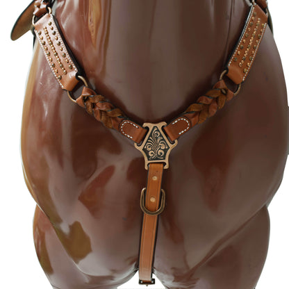 Western Horse Tack Set, Copper Studs and Criss Cross Braiding on Breast Collar with Ring and String Conchos on Cheek Piece and One Ear MOUSM