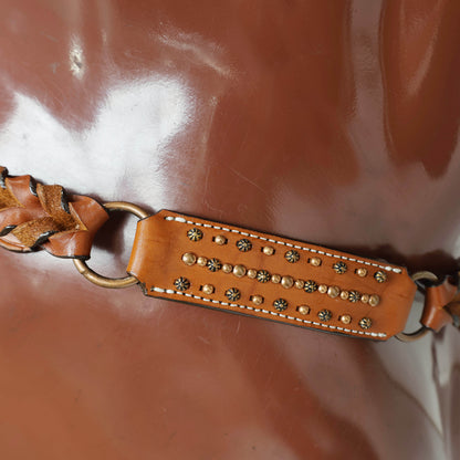 Western Horse Tack Set, Copper Studs and Criss Cross Braiding on Breast Collar with Ring and String Conchos on Cheek Piece and One Ear MOUSM