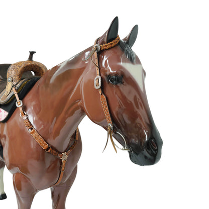 Western Horse Tack Set, Copper Studs and Criss Cross Braiding on Breast Collar with Ring and String Conchos on Cheek Piece and One Ear MOUSM