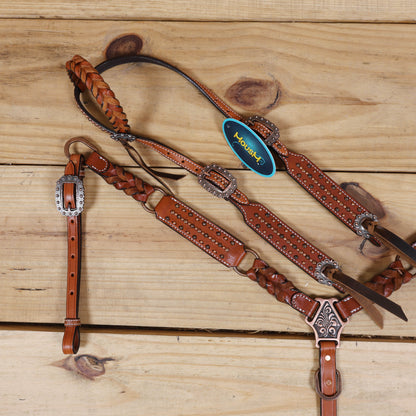 Western Horse Tack Set, Copper Studs and Criss Cross Braiding on Breast Collar with Ring and String Conchos on Cheek Piece and One Ear MOUSM