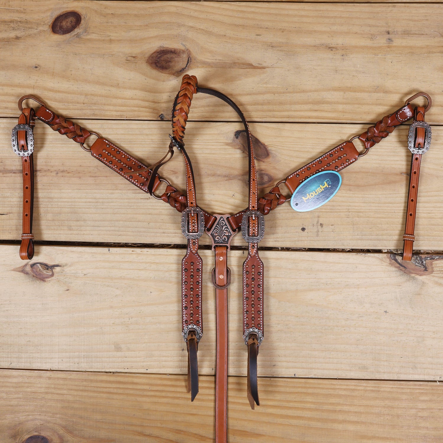 Western Horse Tack Set, Copper Studs and Criss Cross Braiding on Breast Collar with Ring and String Conchos on Cheek Piece and One Ear MOUSM