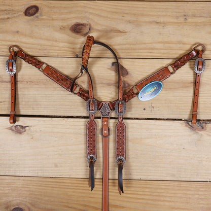 Western Horse Tack Set, Copper Studs and Criss Cross Braiding on Breast Collar with Ring and String Conchos on Cheek Piece and One Ear MOUSM