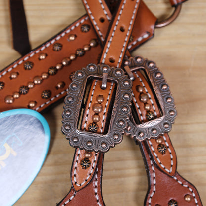 Western Horse Tack Set, Copper Studs and Criss Cross Braiding on Breast Collar with Ring and String Conchos on Cheek Piece and One Ear MOUSM