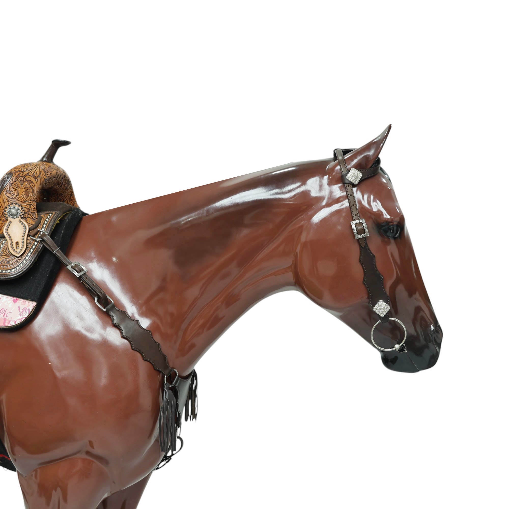 Western Breast Collar and Headstall Sets with Smooth Brown  Leather Finish, Strings on Gladiator Style Breast Collar with Plain Premium Hardware MOUSM