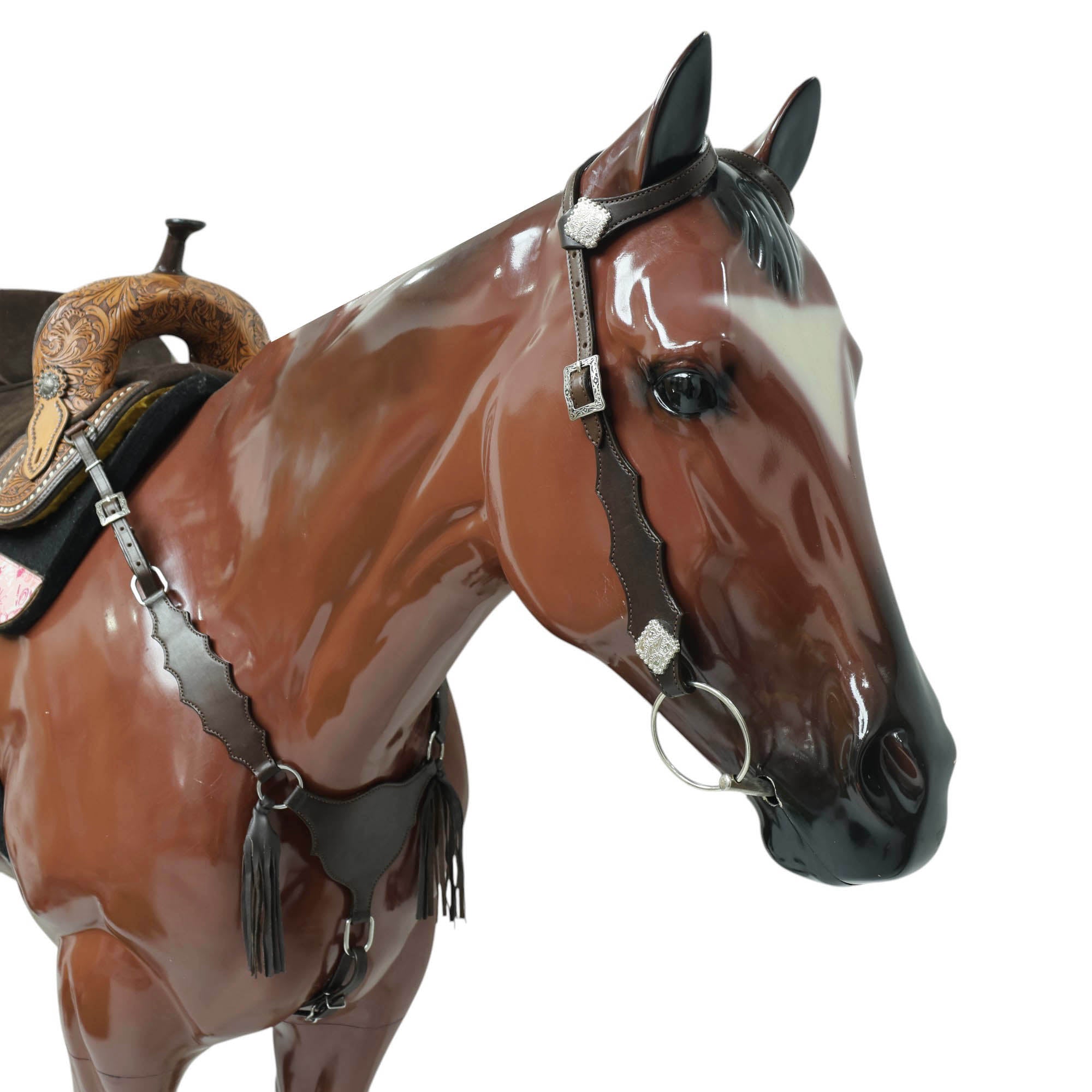 Western Breast Collar and Headstall Sets with Smooth Brown  Leather Finish, Strings on Gladiator Style Breast Collar with Plain Premium Hardware MOUSM
