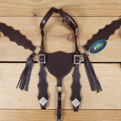 Western Breast Collar and Headstall Sets with Smooth Brown  Leather Finish, Strings on Gladiator Style Breast Collar with Plain Premium Hardware MOUSM
