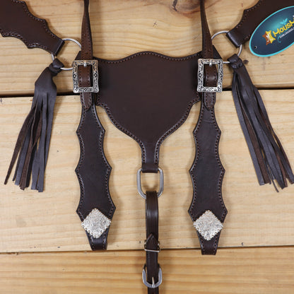 Western Breast Collar and Headstall Sets with Smooth Brown  Leather Finish, Strings on Gladiator Style Breast Collar with Plain Premium Hardware MOUSM