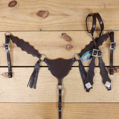 Western Breast Collar and Headstall Sets with Smooth Brown  Leather Finish, Strings on Gladiator Style Breast Collar with Plain Premium Hardware MOUSM
