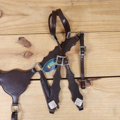 Western Breast Collar and Headstall Sets with Smooth Brown  Leather Finish, Strings on Gladiator Style Breast Collar with Plain Premium Hardware MOUSM