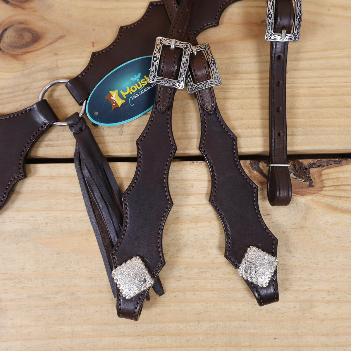Smooth Brown Leather and Strings Two Ear Headstall Breast Collar