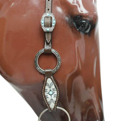 Western Leather Headstall and Breast Collar Tack Set, 3D Turquoise Leather Flower Concho with Fringe and Silver Stock Embossed Leather MOUSM