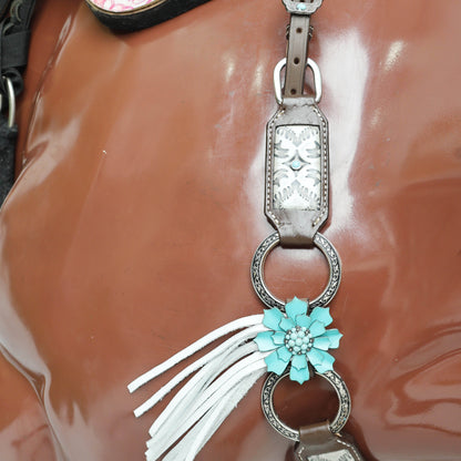 Western Leather Headstall and Breast Collar Tack Set, 3D Turquoise Leather Flower Concho with Fringe and Silver Stock Embossed Leather MOUSM