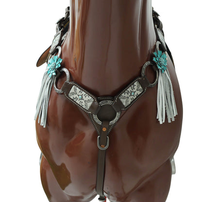 Western Leather Headstall and Breast Collar Tack Set, 3D Turquoise Leather Flower Concho with Fringe and Silver Stock Embossed Leather MOUSM