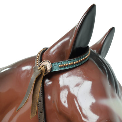 Western Horse Headstall Set Decorated with Turquoise Alligator Print Leather with Copper Studs and Copper Slot Conchos MOUSM