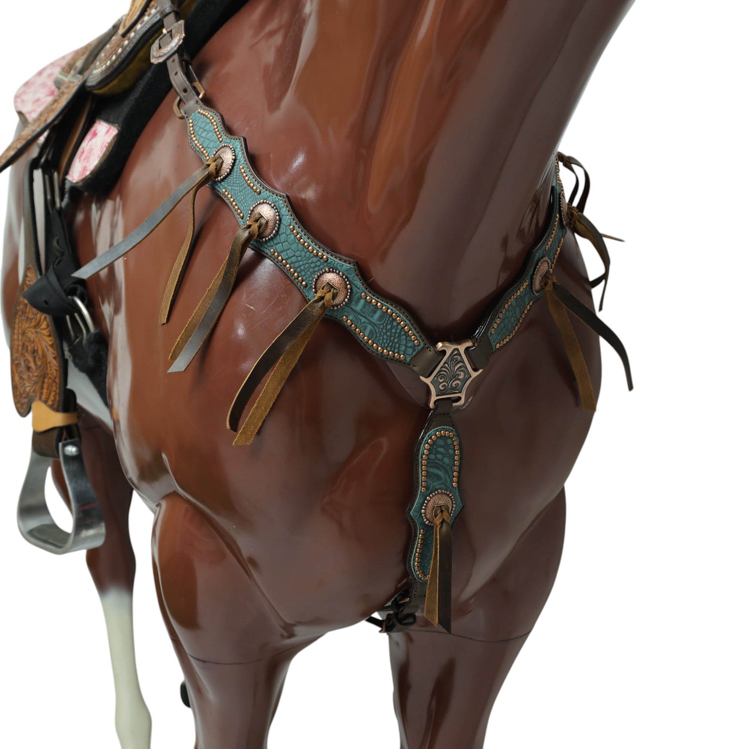 Western Horse Headstall Set Decorated with Turquoise Alligator Print Leather with Copper Studs and Copper Slot Conchos MOUSM