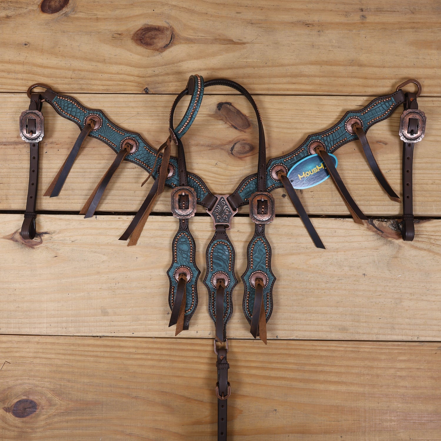 Western Horse Headstall Set Decorated with Turquoise Alligator Print Leather with Copper Studs and Copper Slot Conchos MOUSM