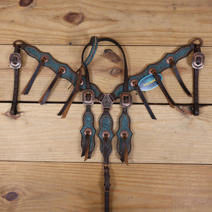 Western Horse Headstall Set Decorated with Turquoise Alligator Print Leather with Copper Studs and Copper Slot Conchos MOUSM