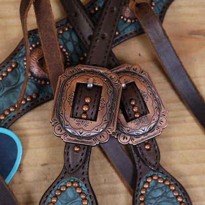 Western Horse Headstall Set Decorated with Turquoise Alligator Print Leather with Copper Studs and Copper Slot Conchos MOUSM